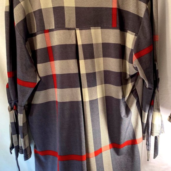 LILDY Womens L-XL Gray Red Line Plaid Pullover Blouse Shirt w/Bell Sleeves - Picture 2 of 14